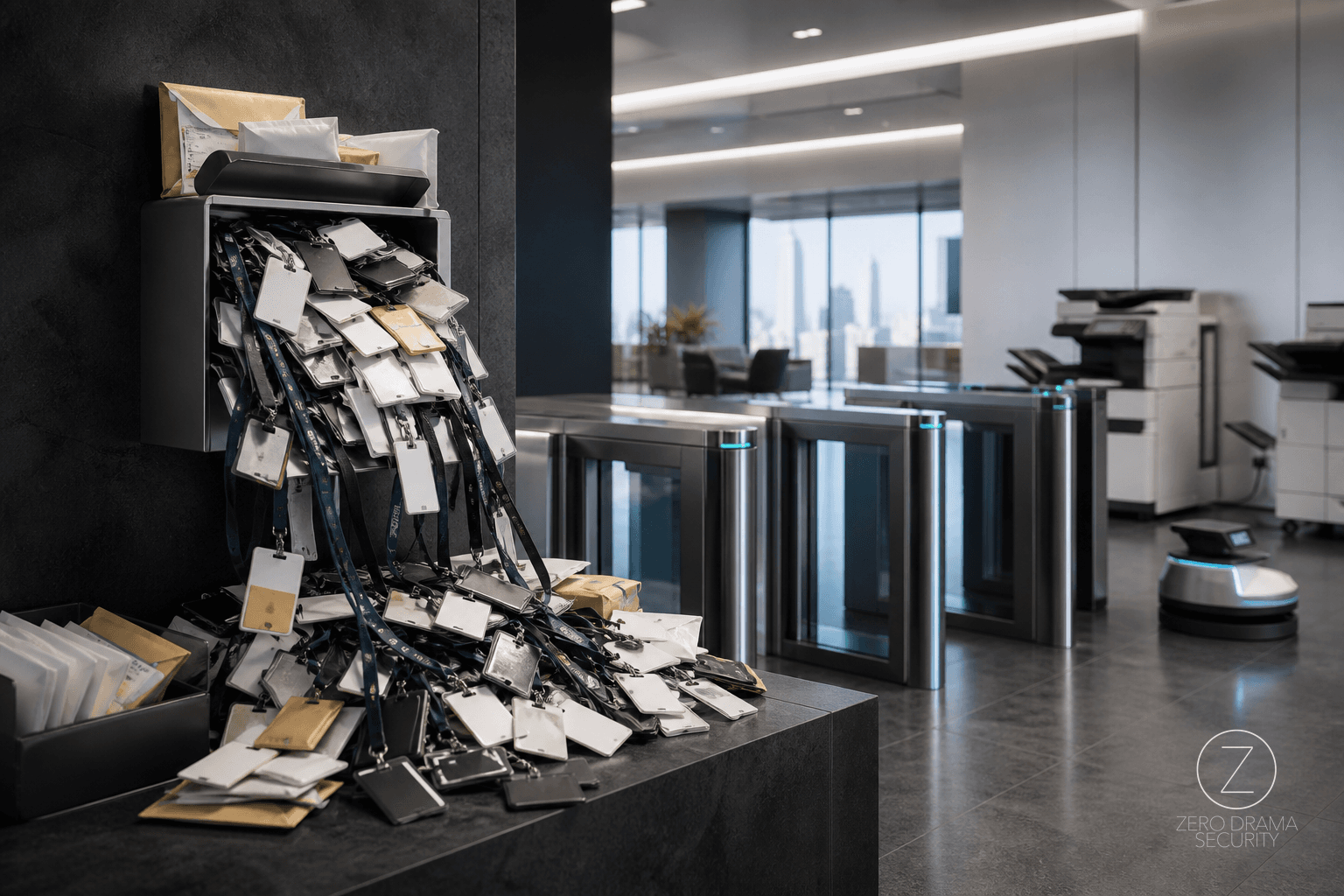 A polished office desk where one tiny mailbox holds an absurd pile of oversized access badges and keys.