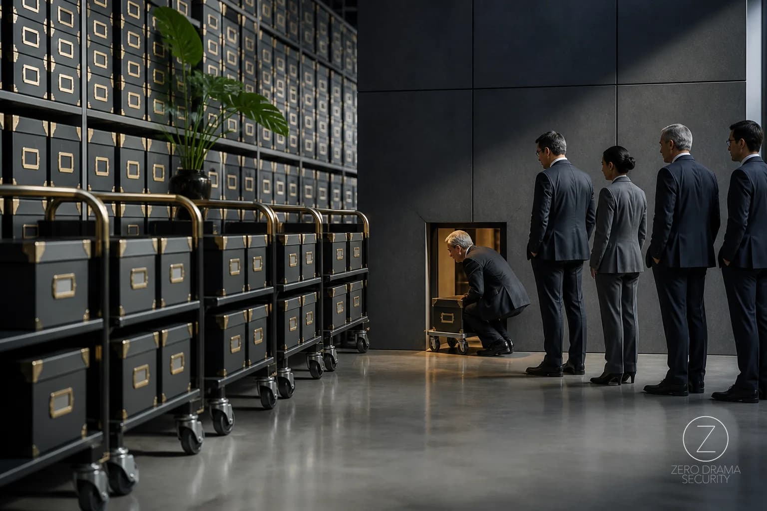 A polished records room full of identical backup boxes with one tiny restore hatch and a growing line of executives waiting for the wrong cart.