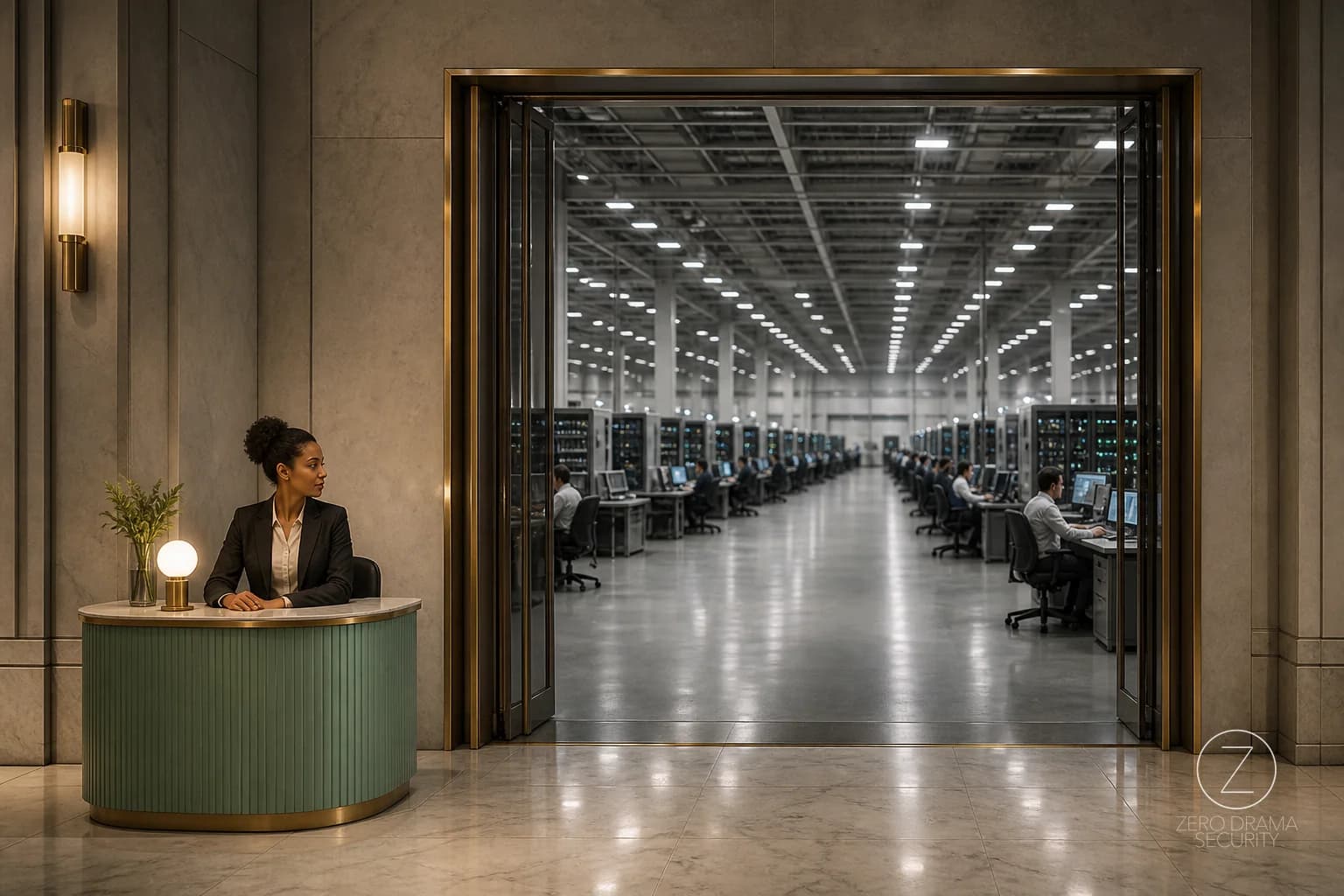 A polished support desk with one tiny service window controlling access to an absurdly large production floor.