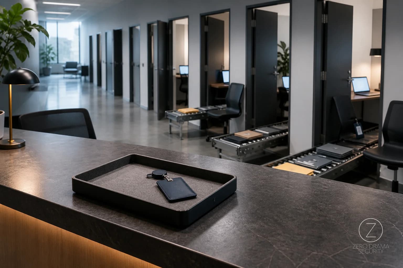 A polished office exit desk where one badge is collected while dozens of open side doors remain quietly unattended.