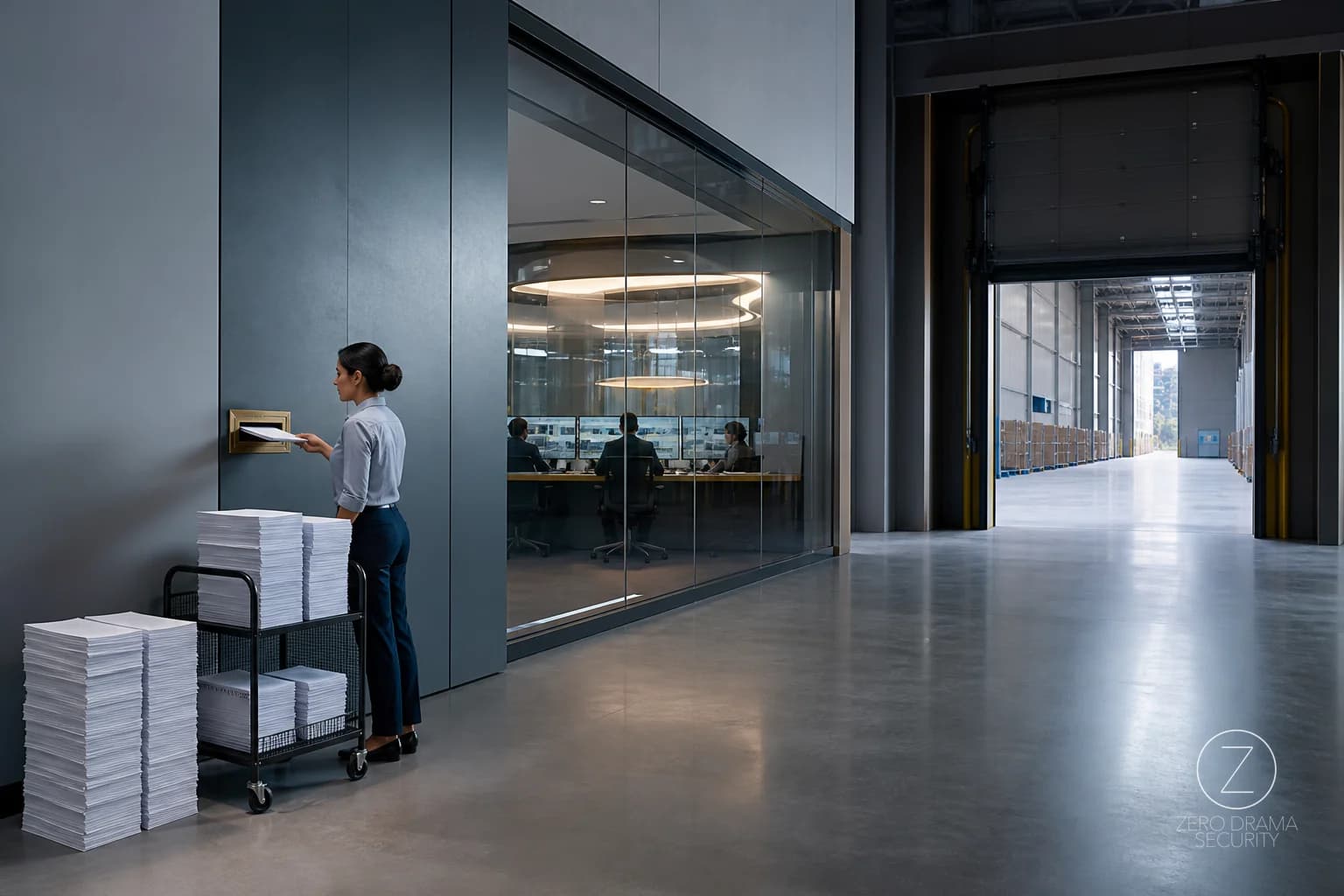 A polished office worker feeding stacks of paper into a tiny mail slot while a huge warehouse door beside it remains unused.
