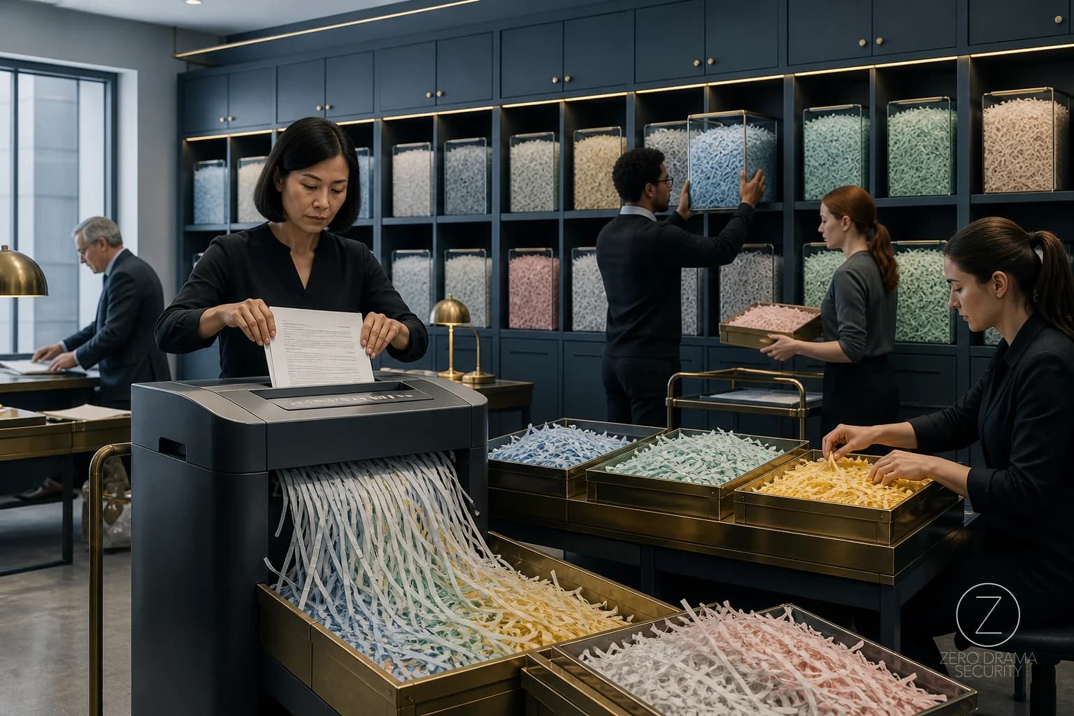 A spotless office archive where shredded paper is carefully filed back into cabinets.
