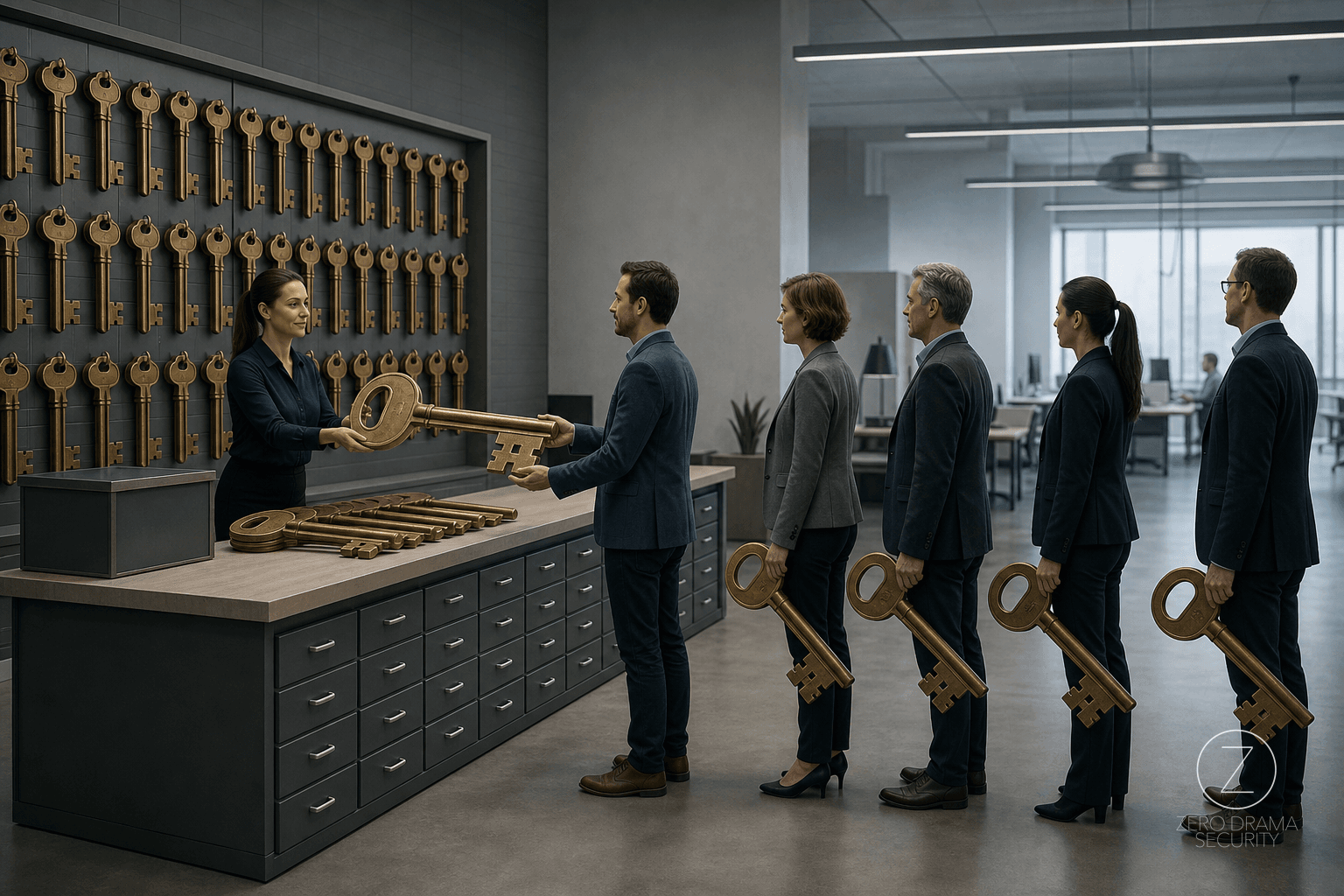 A polished office supply cabinet with one giant master key handed to everyone waiting for a single tiny drawer.