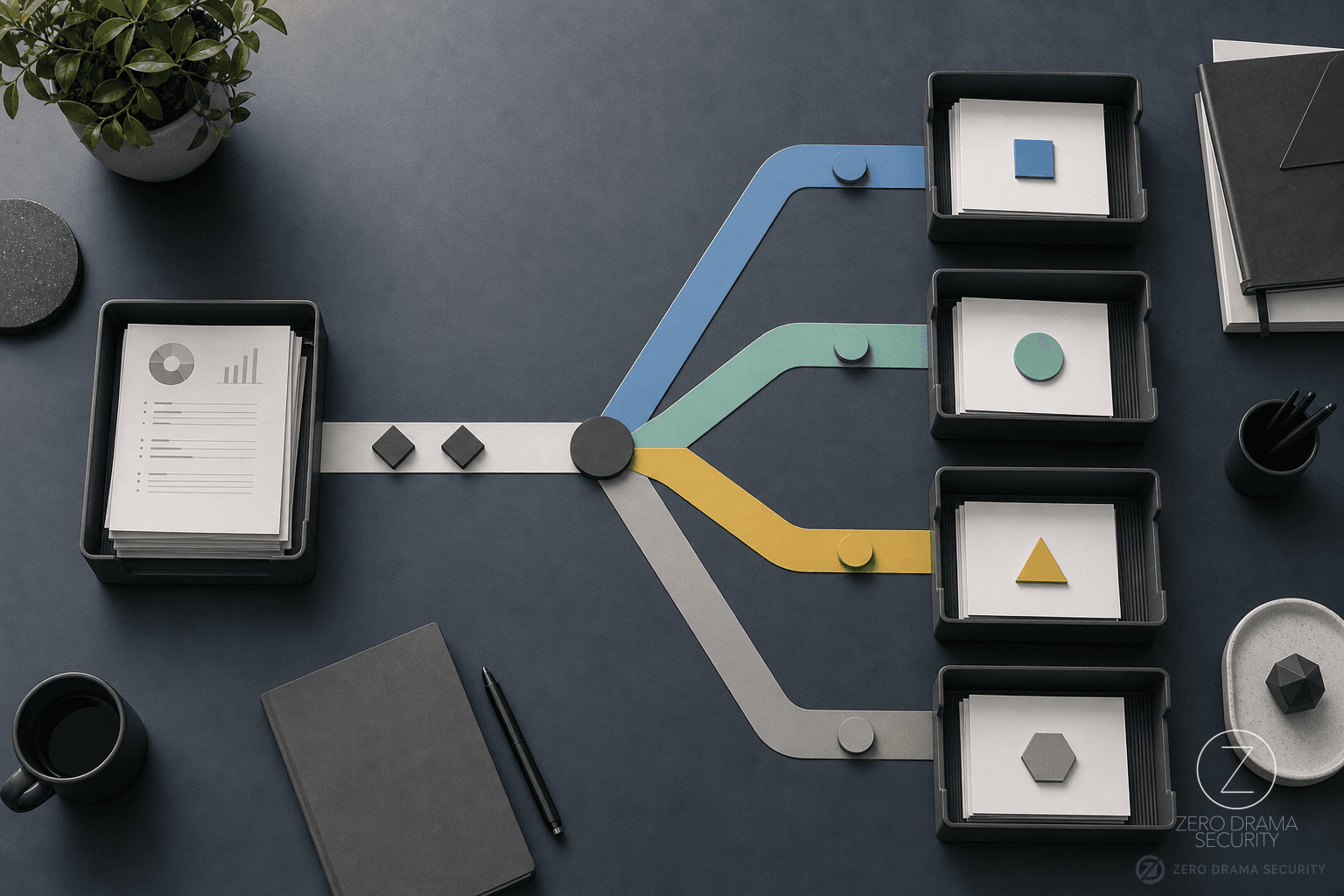 A clean routing board separates security requests by decision type and ownership.