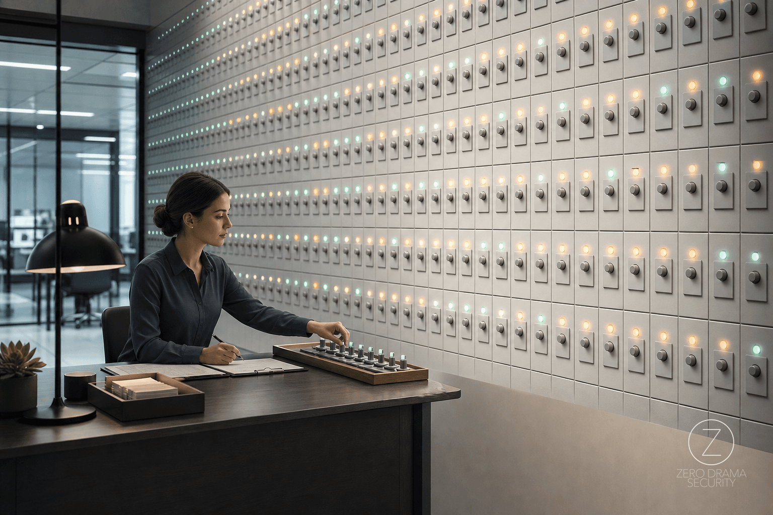 A polished office supply room with one tiny approval desk blocking a wall of identical SaaS control panels.