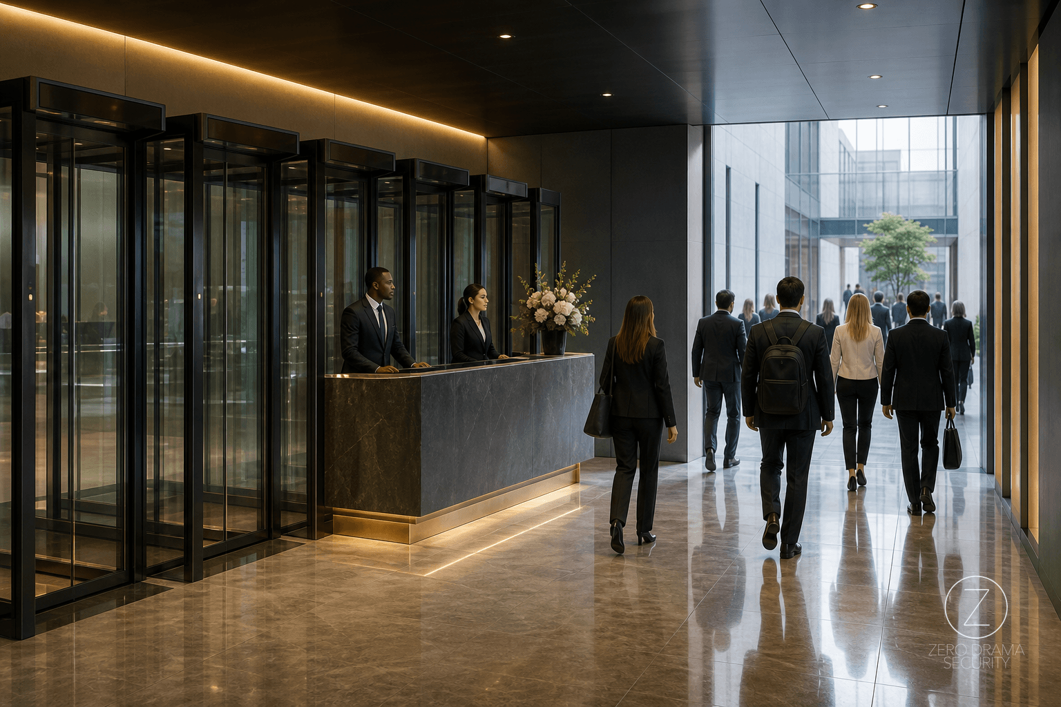 A polished office reception desk with many locked-looking glass doors behind it, while everyone walks through a wide open side entrance.