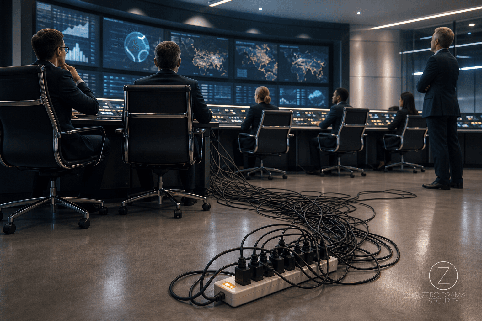 A polished office control room where every switch is connected to the same loose extension cord.