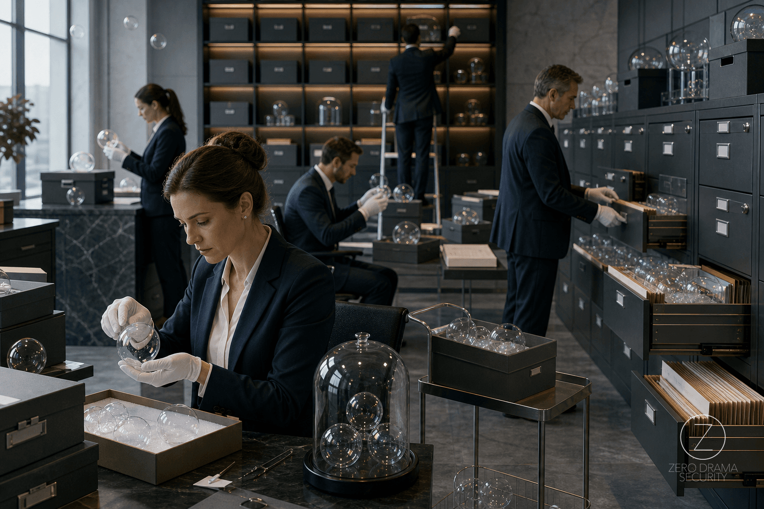 A polished office team carefully archiving soap bubbles as if they were permanent security evidence.