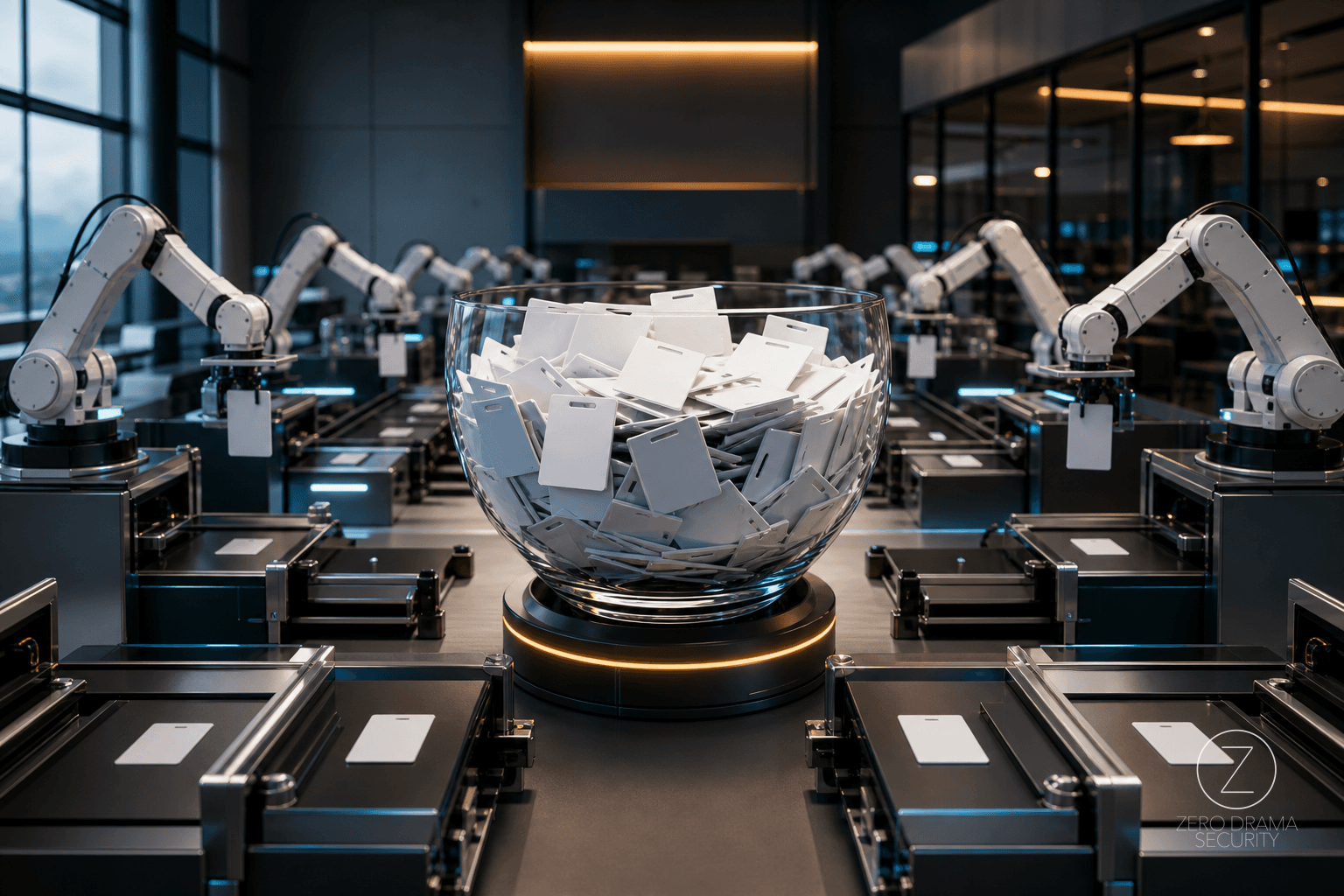 A polished deployment room where every automated workstation draws from one oversized bowl of identical access cards.
