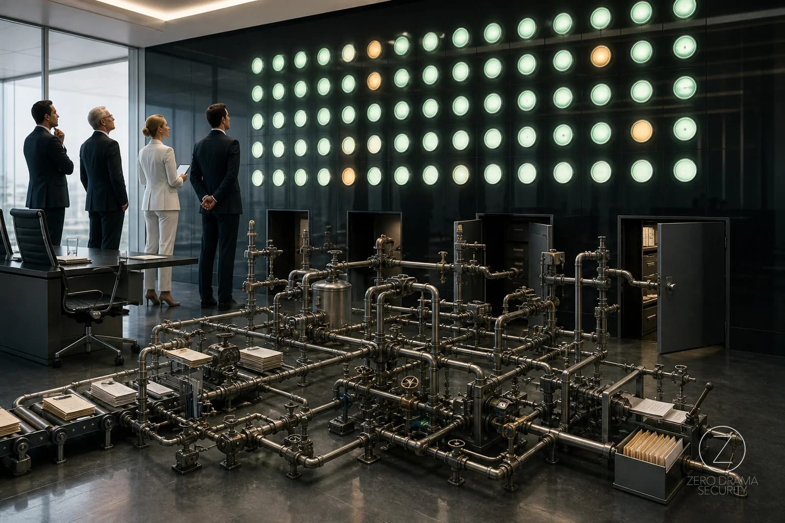 A polished control room where tiny unattended pipes quietly operate the entire building while leaders admire a clean display.