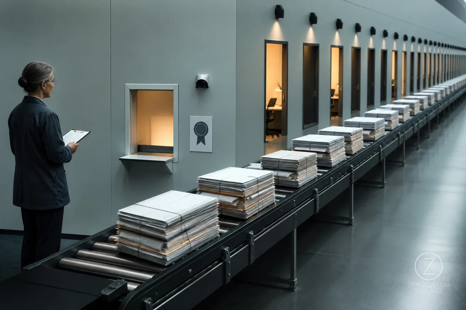 A polished office mailroom where one tiny approval window feeds a conveyor belt of oversized automated actions.