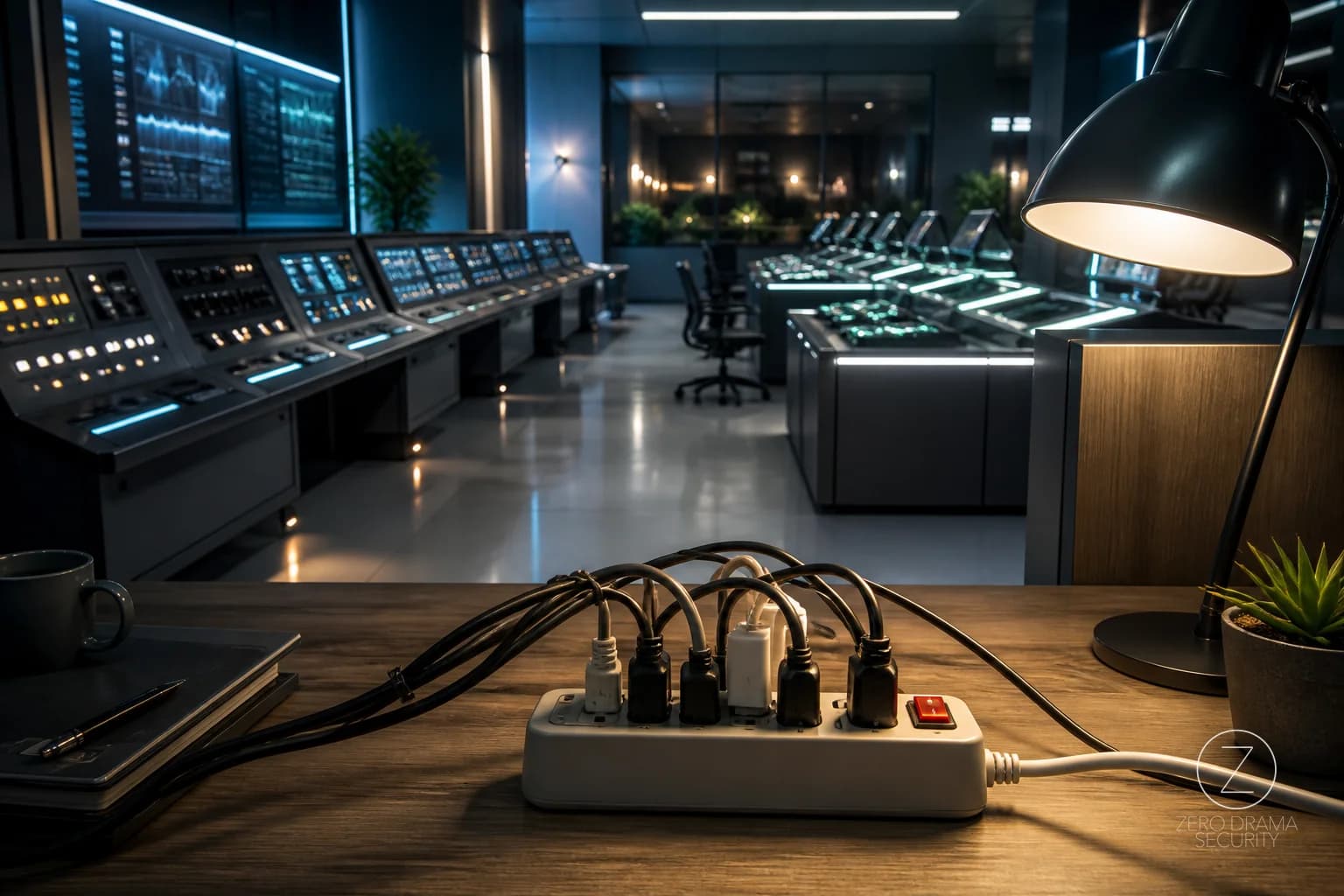 A polished operations desk where many elegant controls all depend on one overloaded switch.