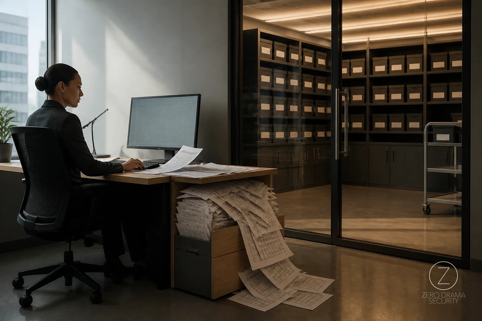 A polished office worker calmly feeding endless printed spreadsheets into tiny personal drawers while a secure records room sits unused nearby.