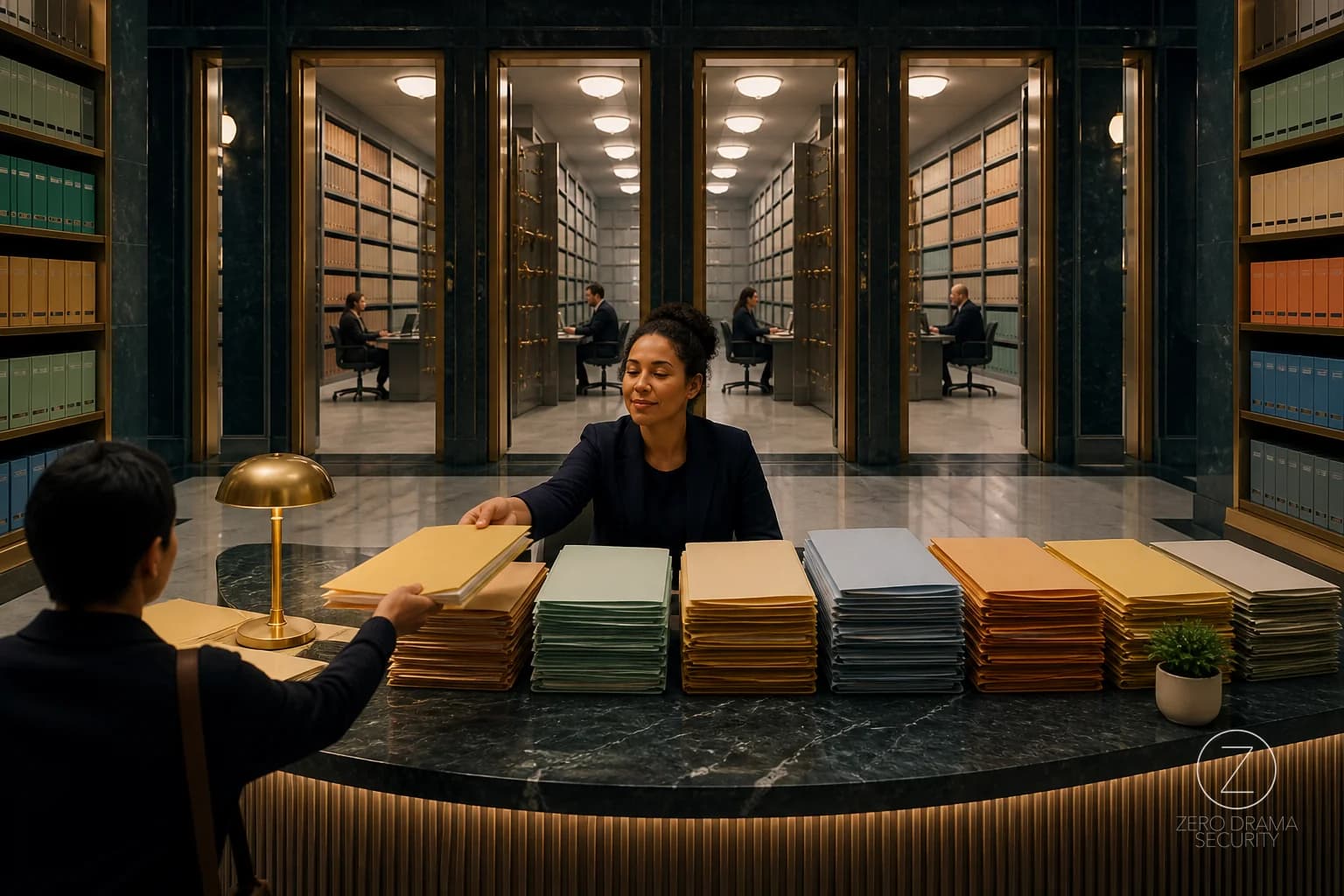 A polished office library where one tiny help desk counter controls access to shelves from every department.