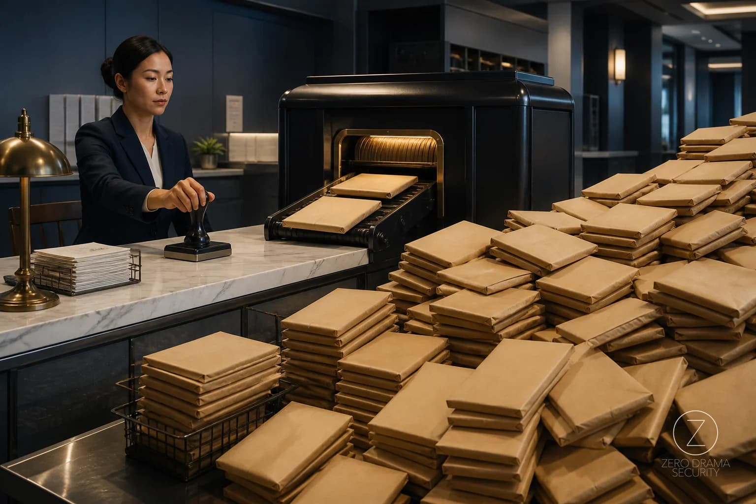 A polished office mailroom with one tiny approval stamp producing a growing pile of identical packages.