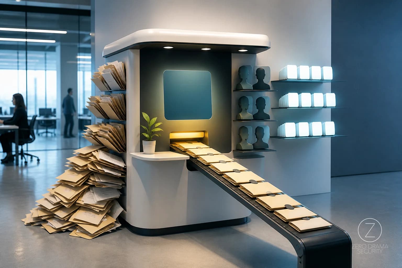 A polished office conveyor belt neatly delivering identical convenience buttons into overflowing filing cabinets while one small approval desk is ignored.