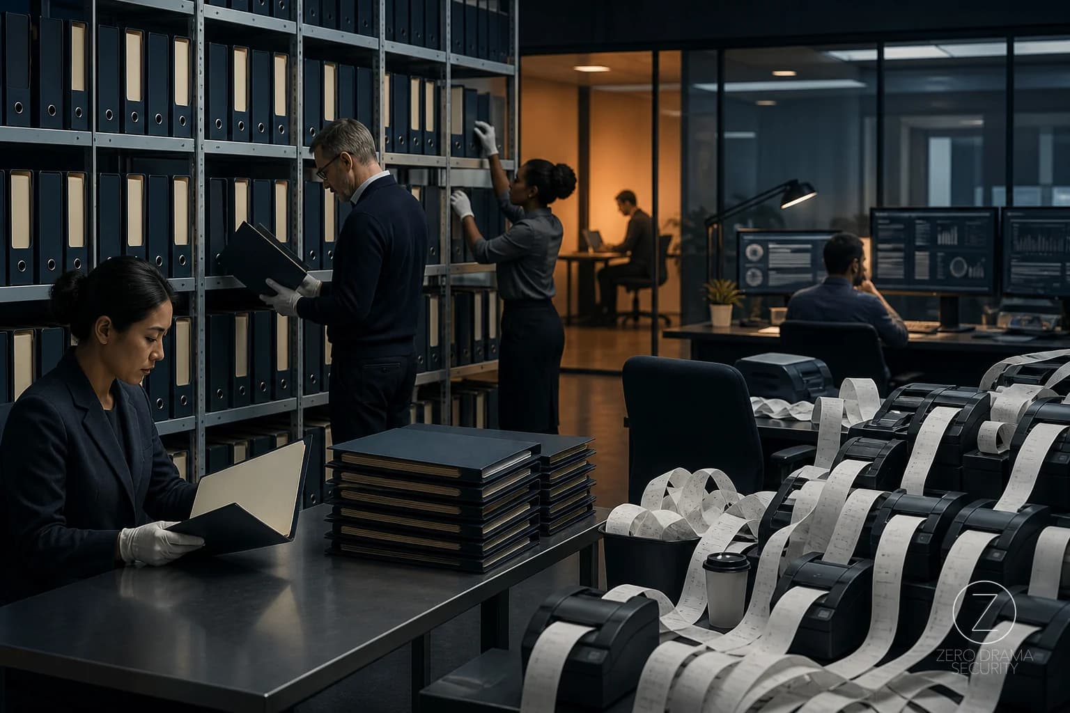 A polished office archive room where staff carefully file blank evidence folders while the actual control console sits unattended nearby.
