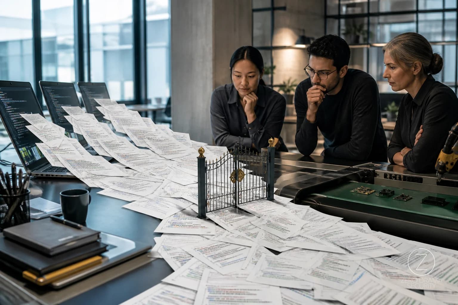 A polished engineering desk where a tiny gate blocks a flood of identical printed code pages while everyone admires the gate.