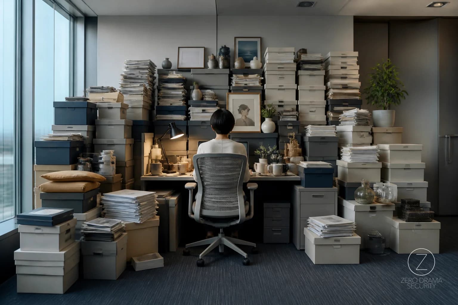 A polished office desk with too many neatly labeled memory boxes overflowing around one small assistant chair.