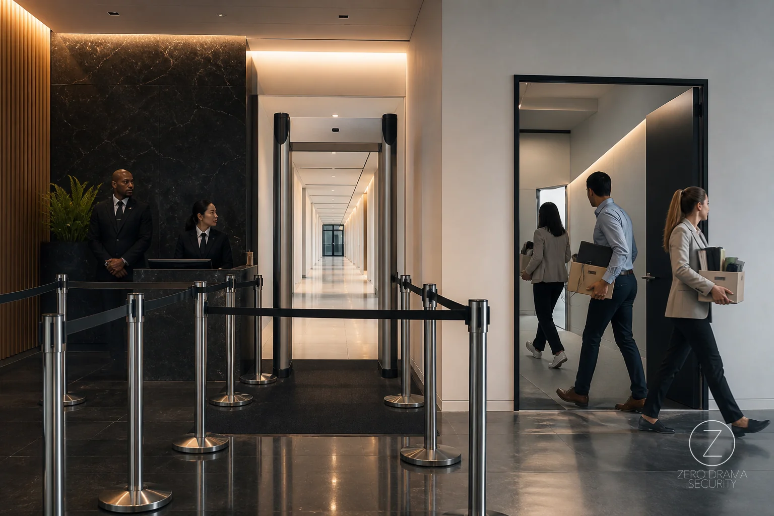 A polished office security gate guarding an empty hallway while everyone walks through an open side door.