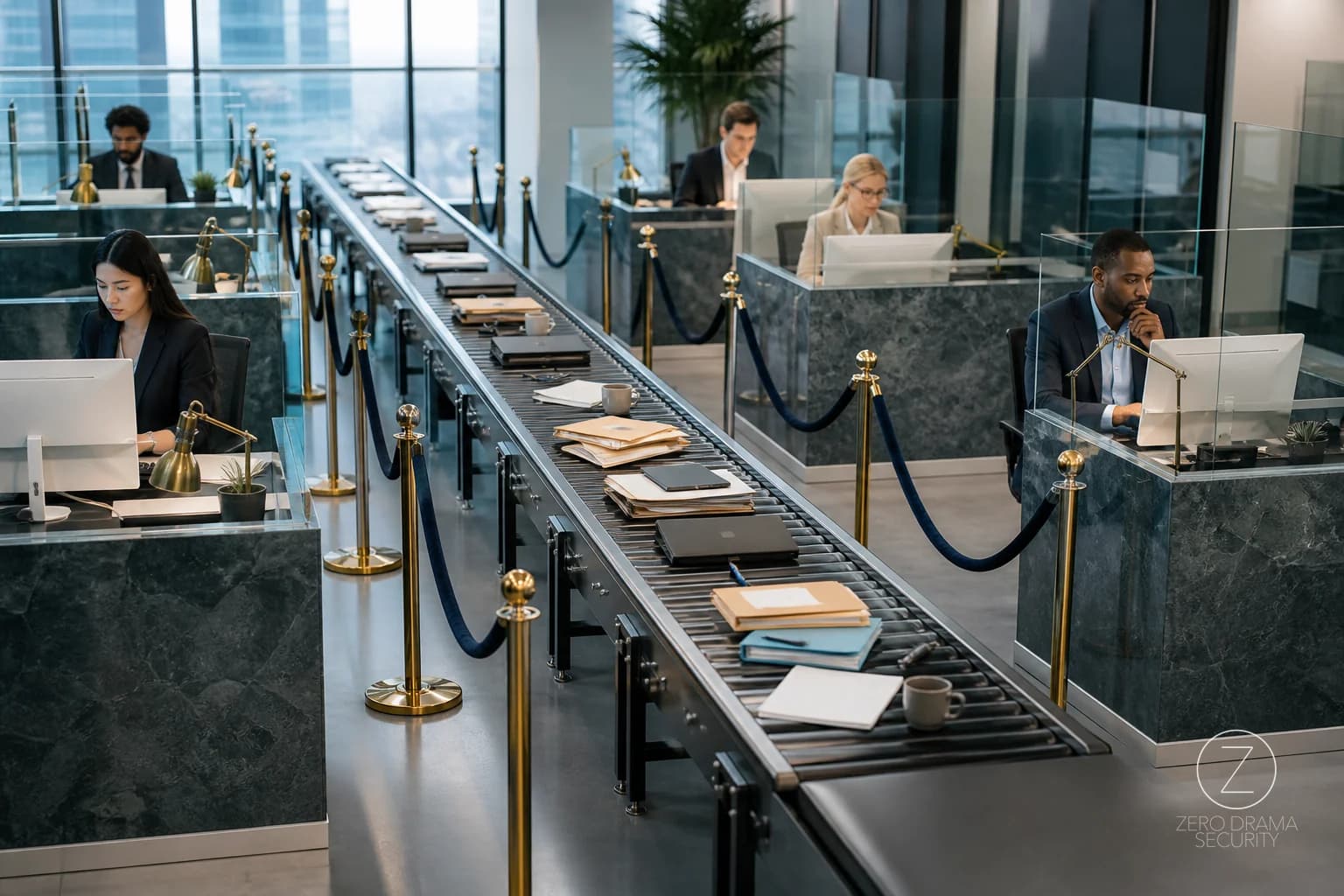 A polished office uses velvet ropes to separate workstations while a single shared conveyor belt mixes every team’s paperwork.
