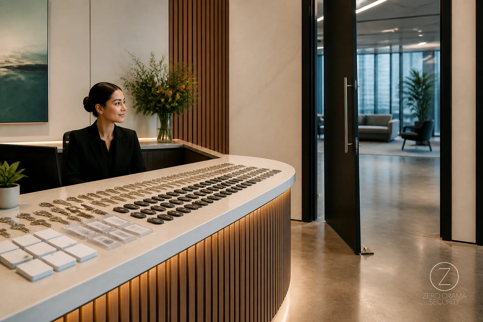 A polished office reception desk overflowing with identical spare keys while the actual door stands open behind it.