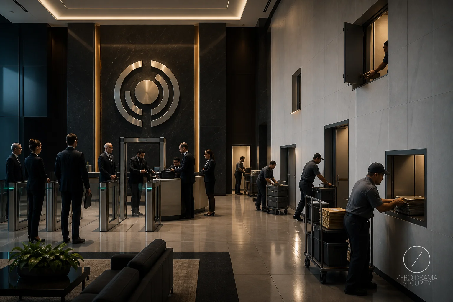 A polished security checkpoint ignored while sensitive work quietly moves through small side doors.