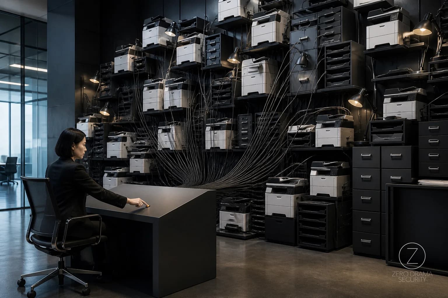 A polished office worker carefully pressing one small button connected to an absurdly oversized wall of identical office machines.