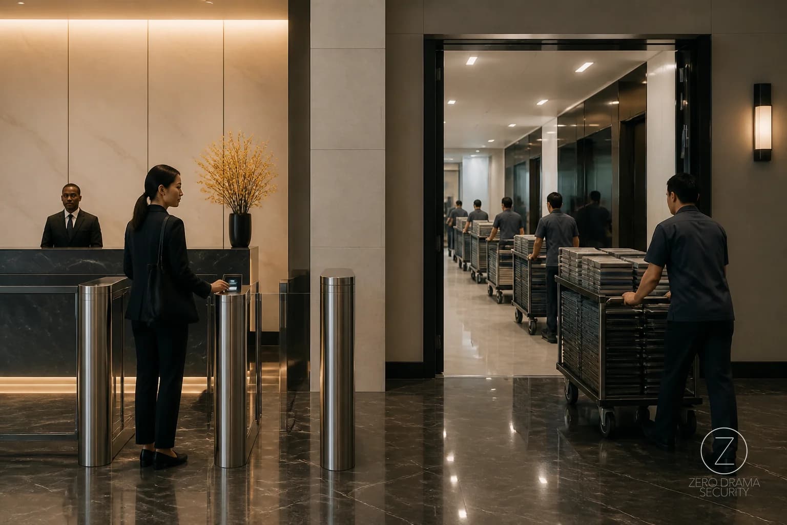 A polished office reception desk with a tiny turnstile controlling a crowd while an open side door sits unused.