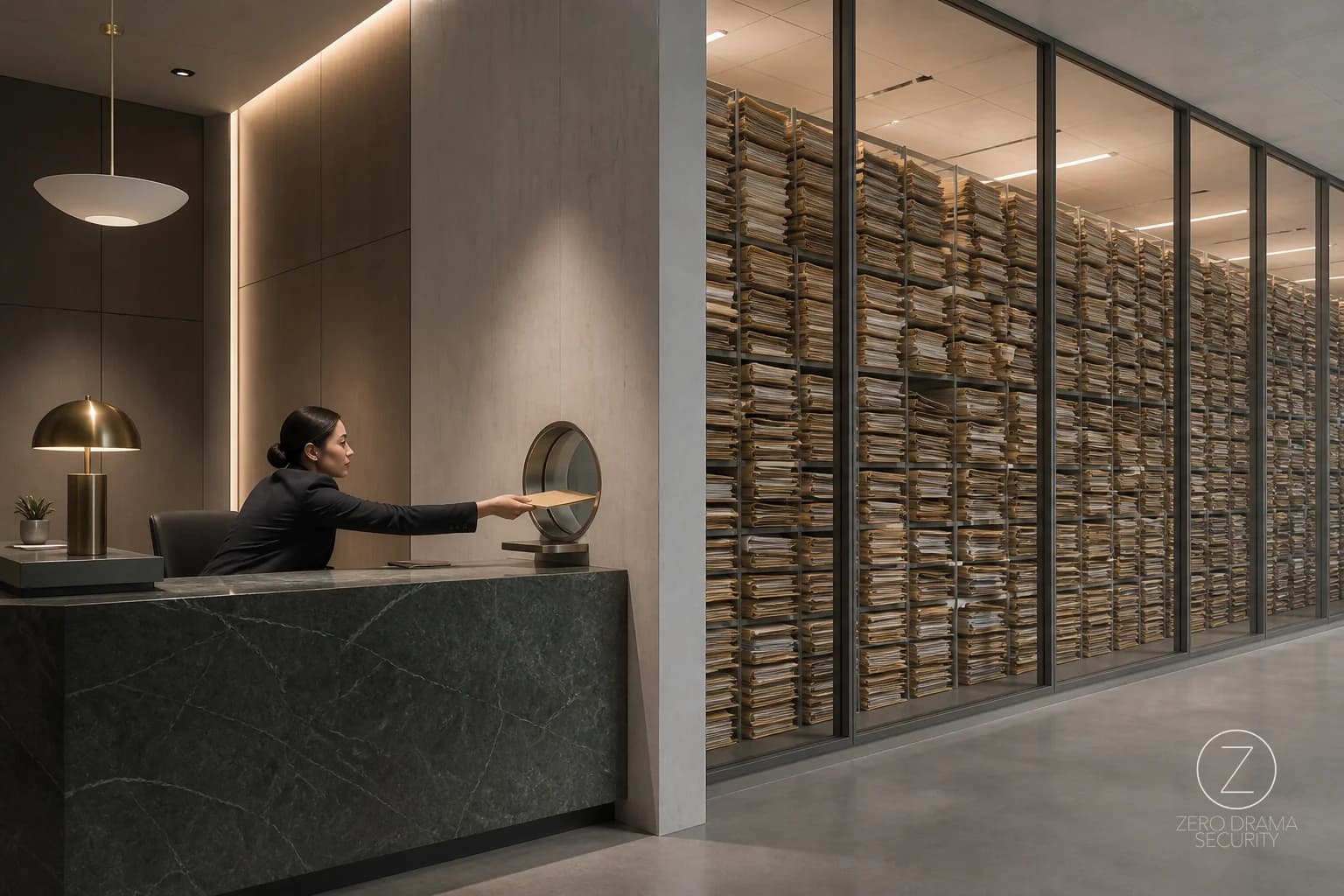 A polished office reception desk with one tiny pass window forcing a huge archive of folders through it one at a time.