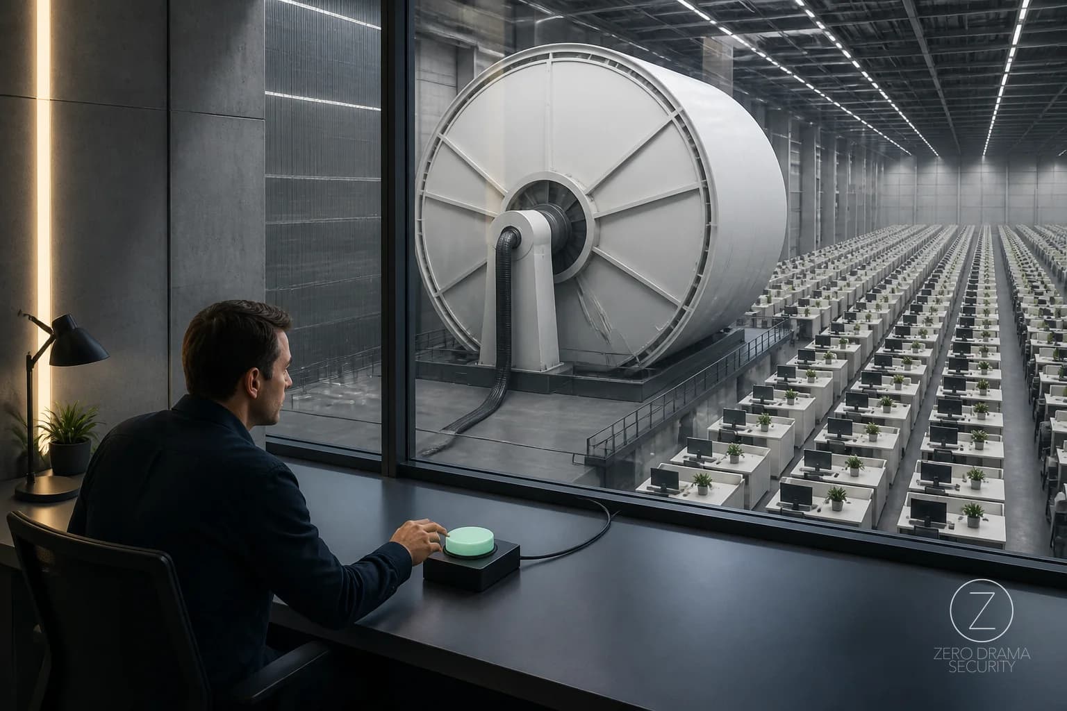 A tiny control desk facing an oversized operational machine