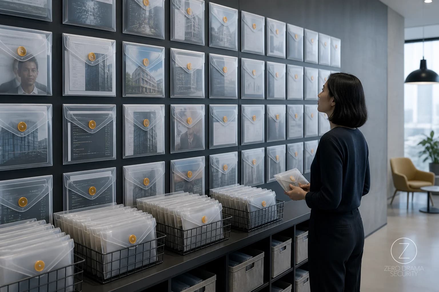 A polished office mailroom overflowing with translucent notification envelopes that reveal sensitive contents before anyone opens them.