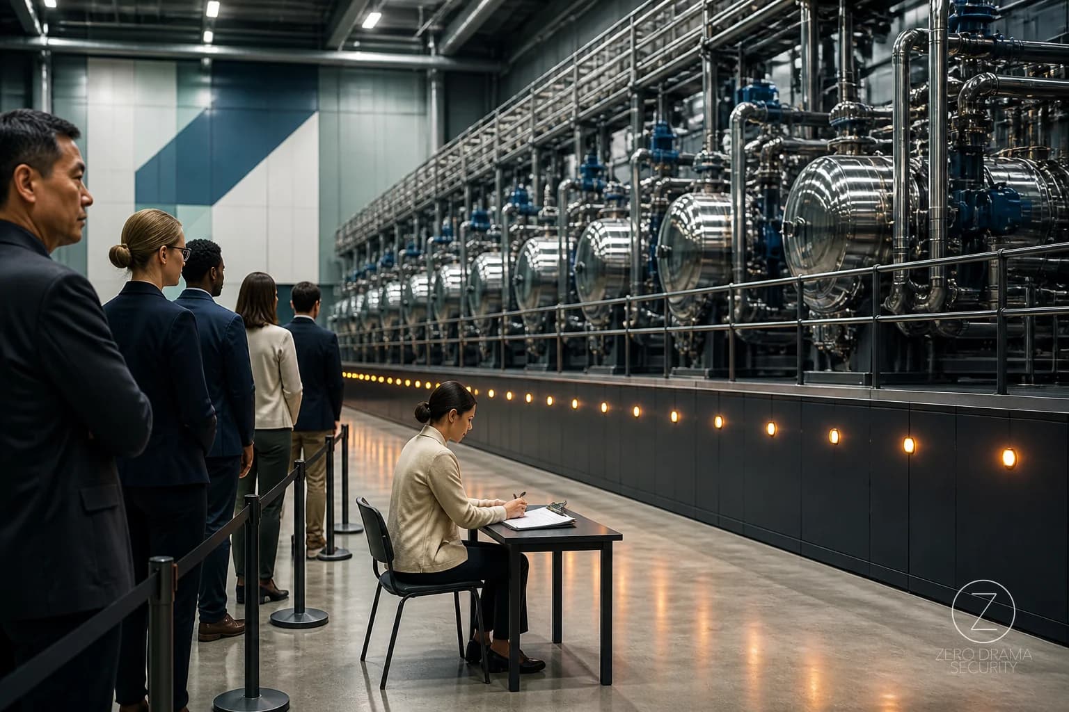 A pristine office testing room where one tiny clipboard controls a long line of oversized AI release machinery.