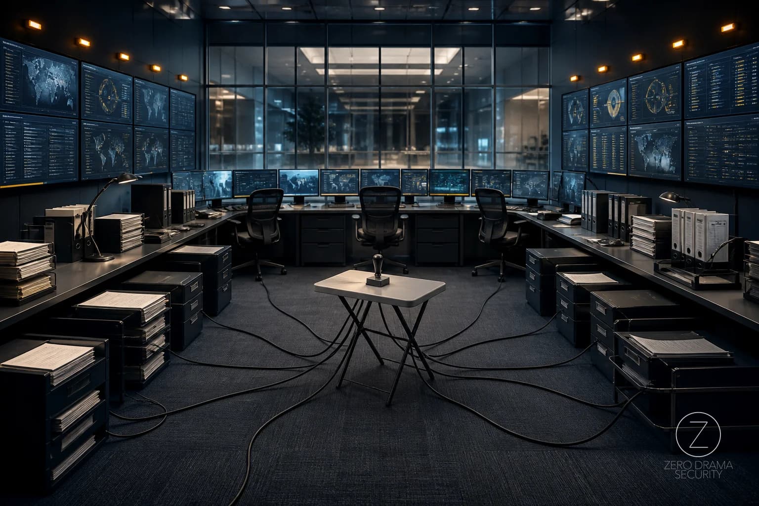 A polished control room where every console quietly depends on one tiny approval stamp.