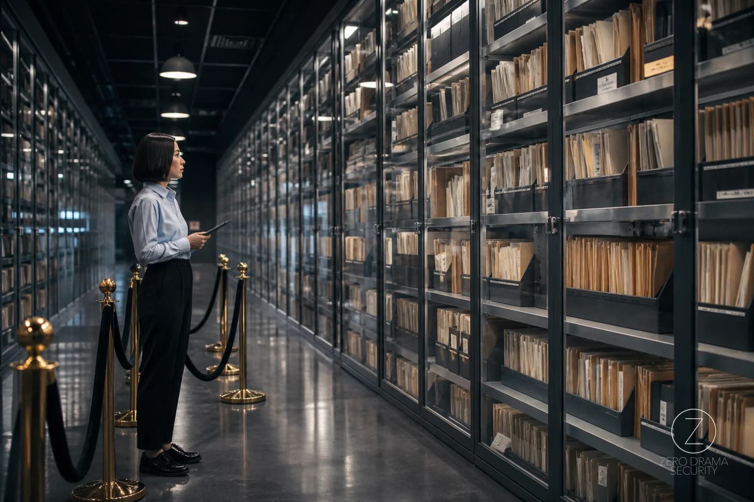 An employee behind glass surrounded by endless visible filing cabinets while holding a tiny no editing sign.
