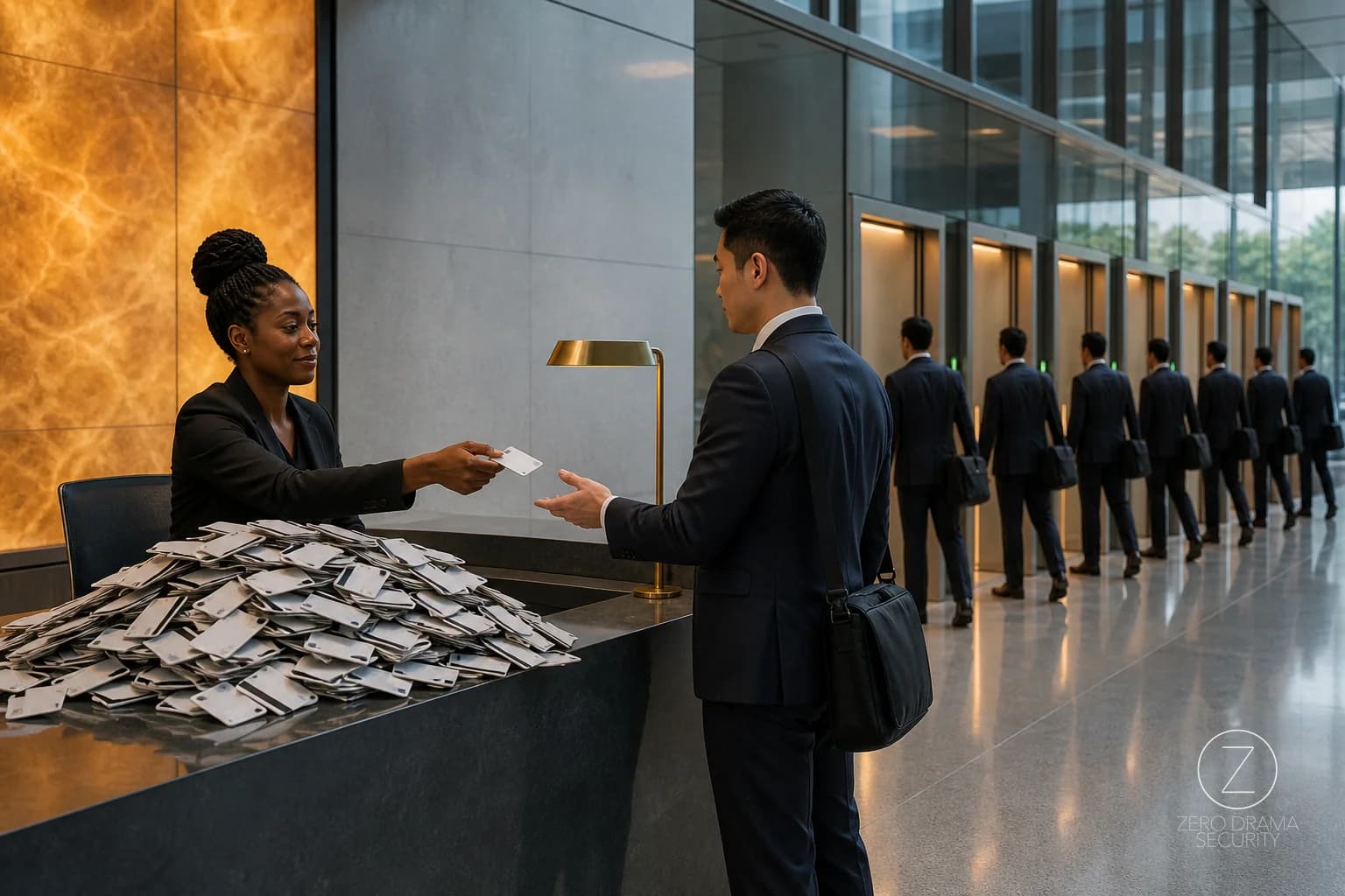 A polished office security desk calmly issuing new access cards while a stack of old cards still opens every doorway.