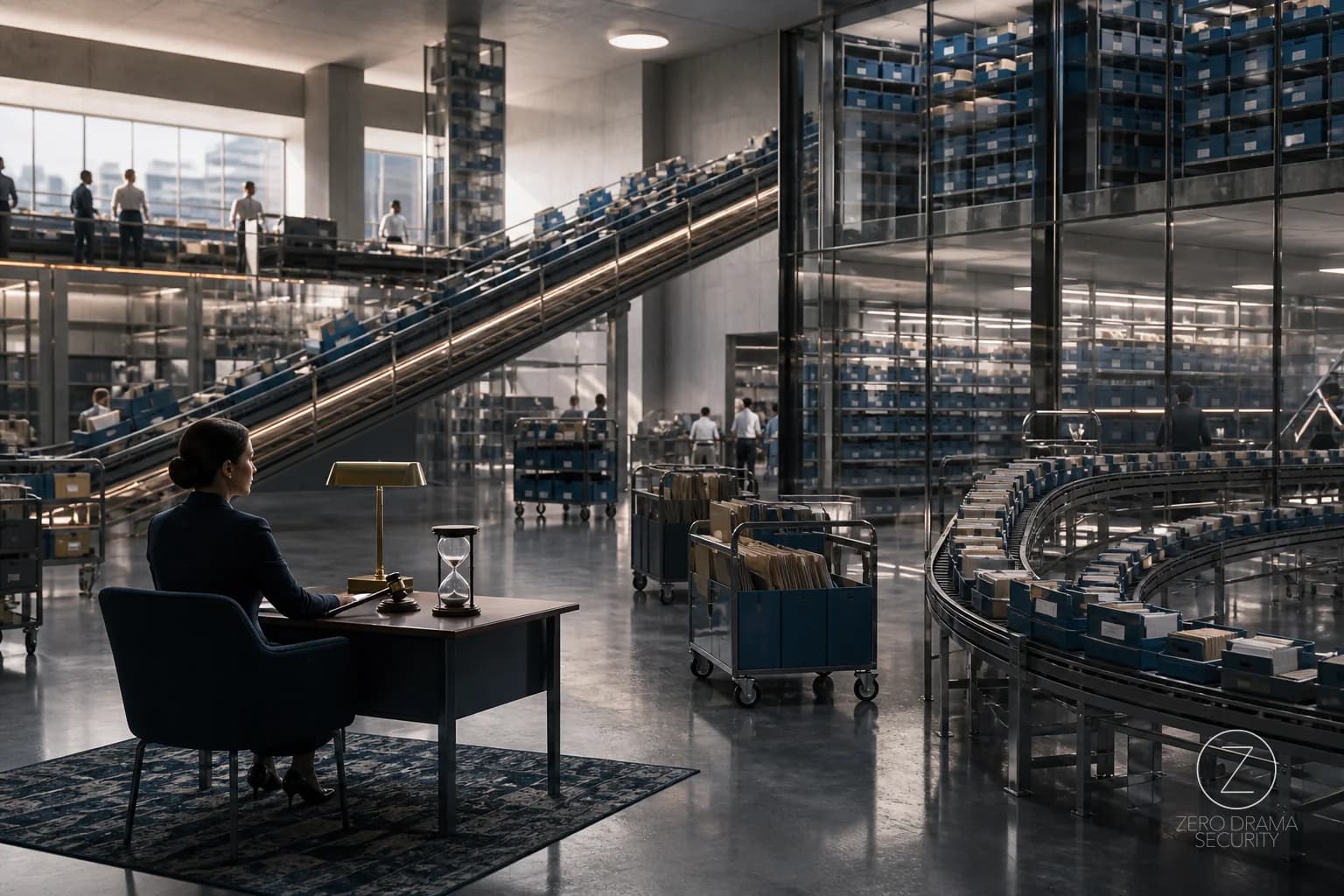 A polished data owner desk placed far away from the actual control levers.