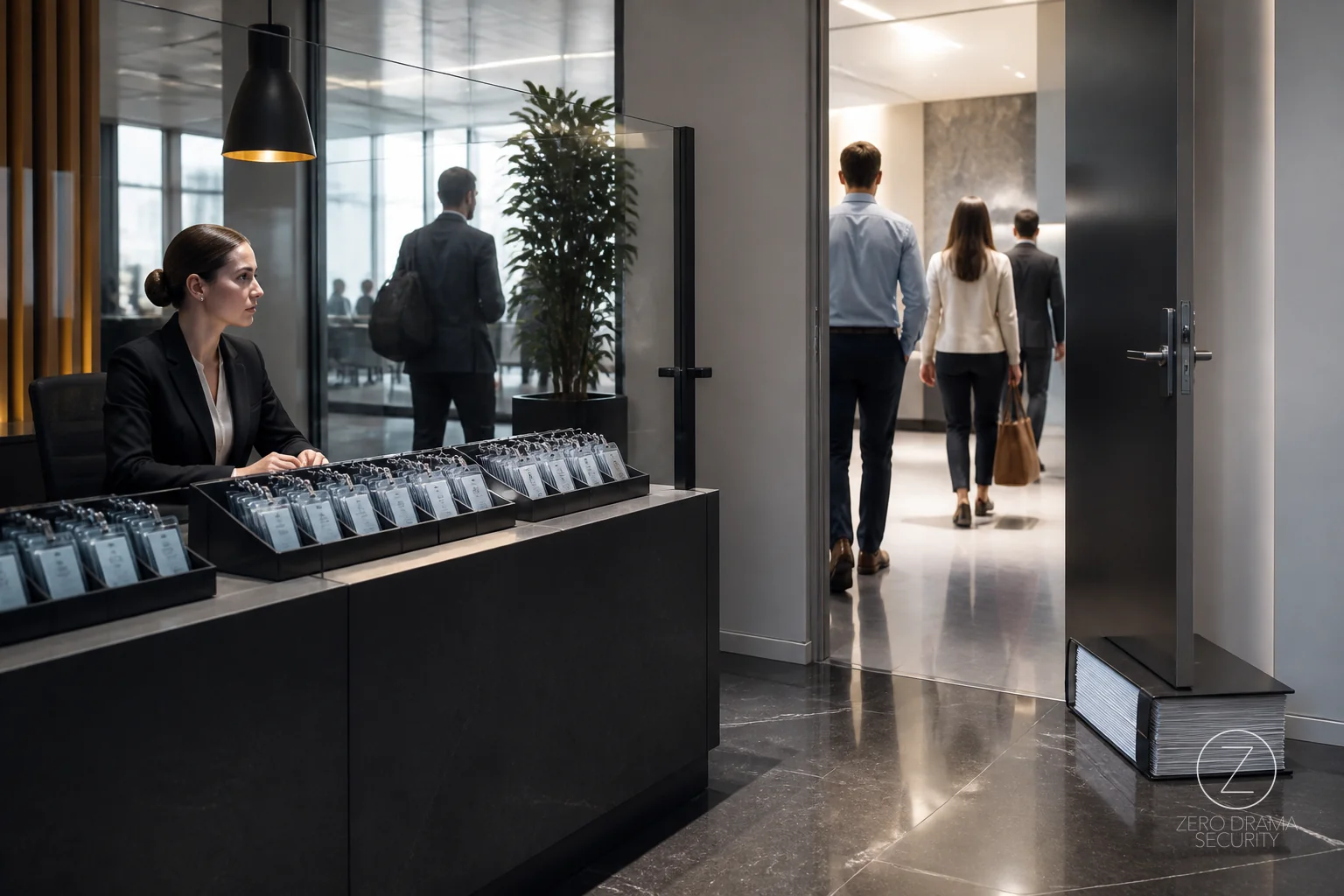 A polished office access desk overflowing with neat badges while a side door is quietly propped open.