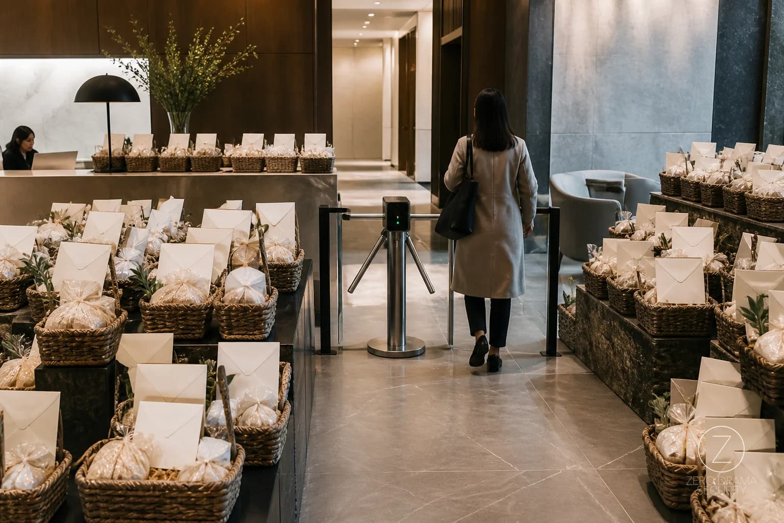 A polished office reception desk overwhelmed by identical welcome baskets while one narrow turnstile controls access.