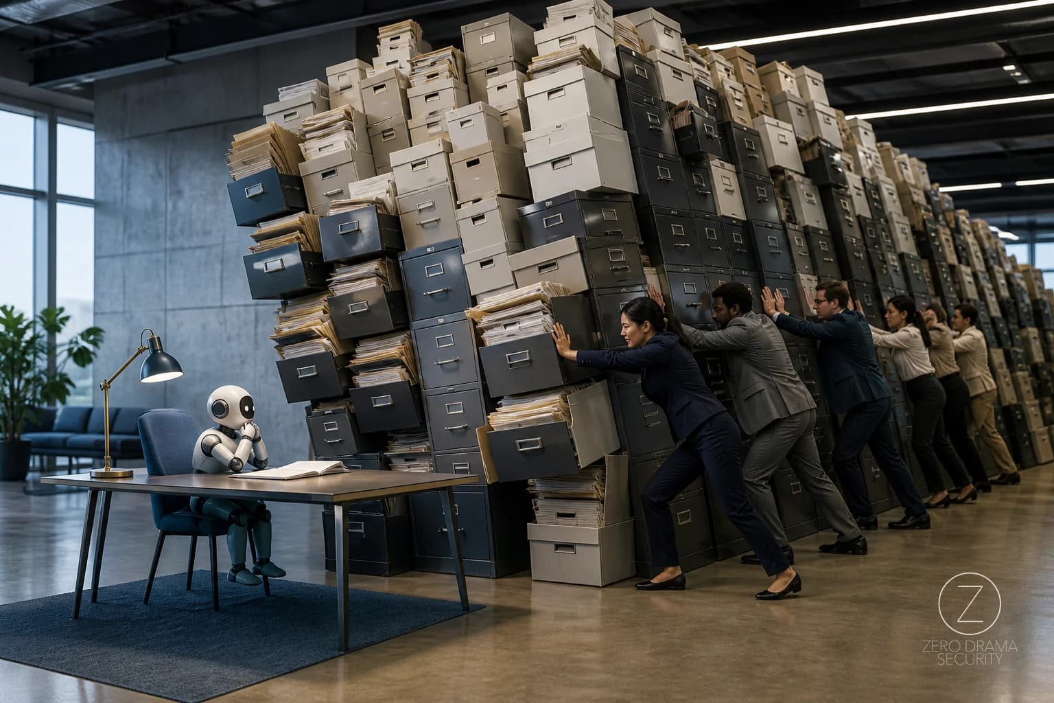 A polished office desk where one tiny assistant is handed an absurd mountain of file cabinets to answer one simple request.