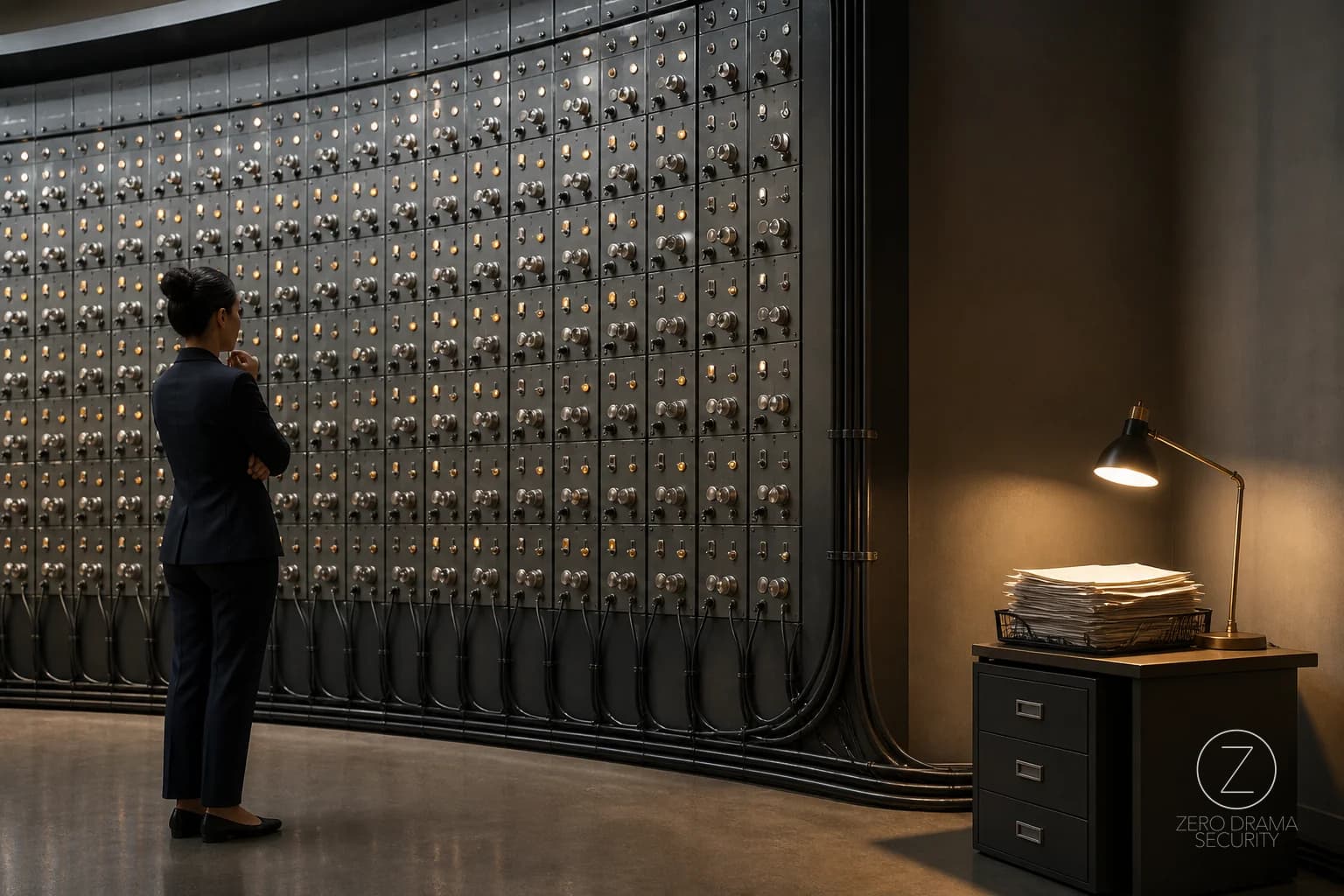 A polished office control room where dozens of elegant wall switches all appear to control the same single desk lamp.