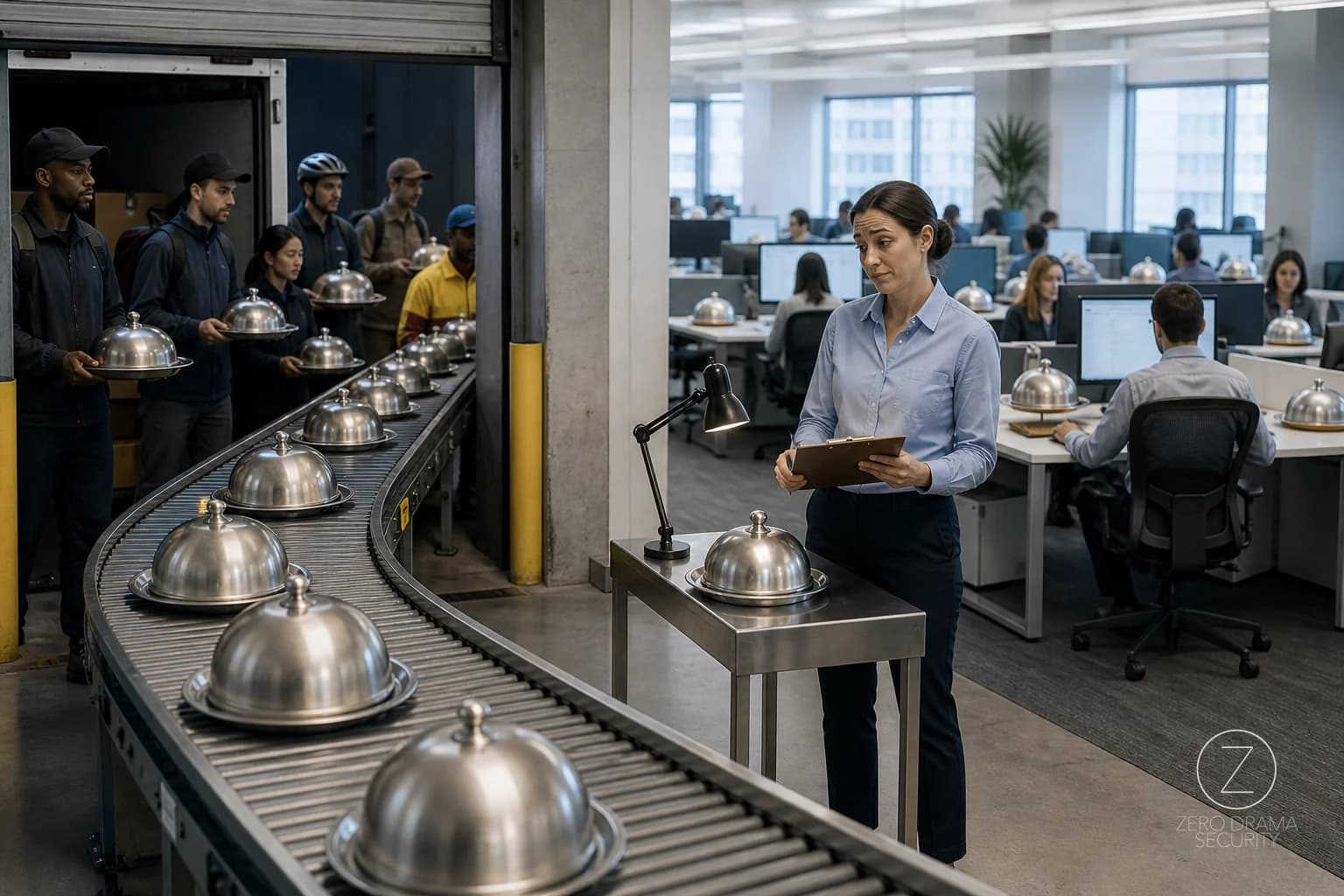 A polished office receiving dock sends covered dishes directly to desks while one clerk tries to inspect them too late.