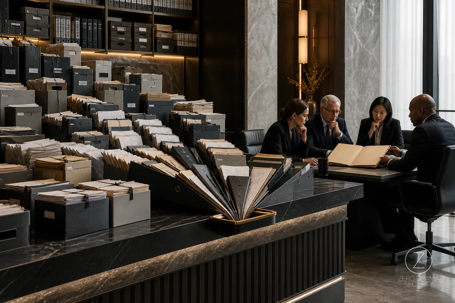 A polished office archive feeds every confidential folder into one tiny intake tray while reviewers inspect an empty approval desk.