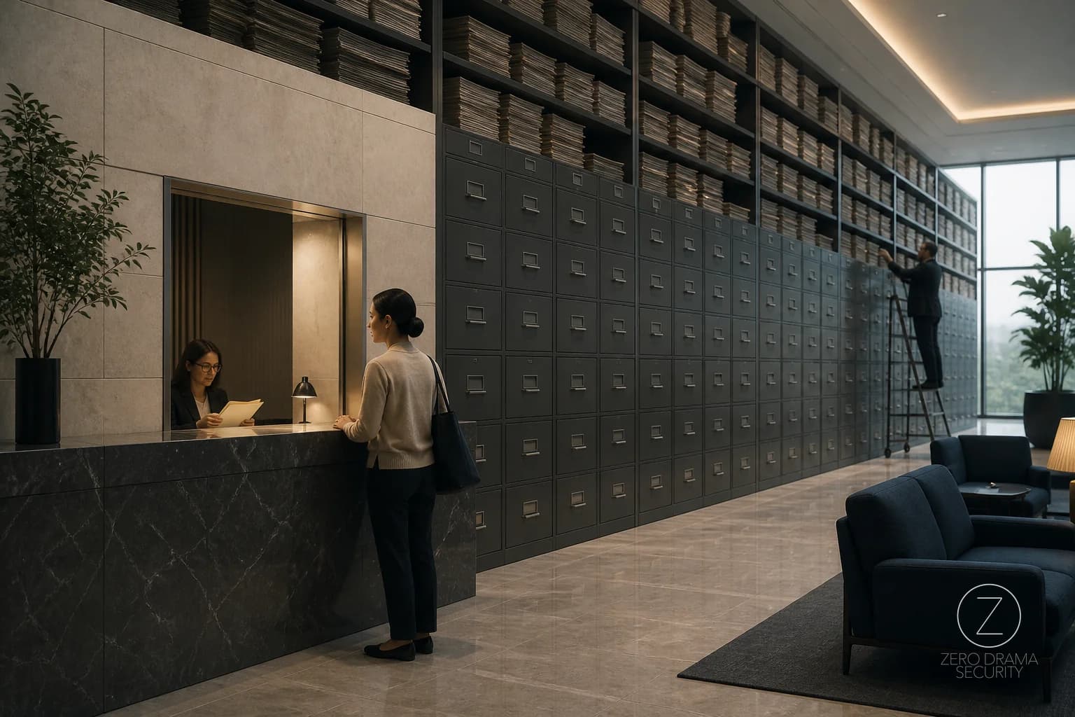 A polished reception desk with one tiny verification window serving a huge wall of identical file cabinets